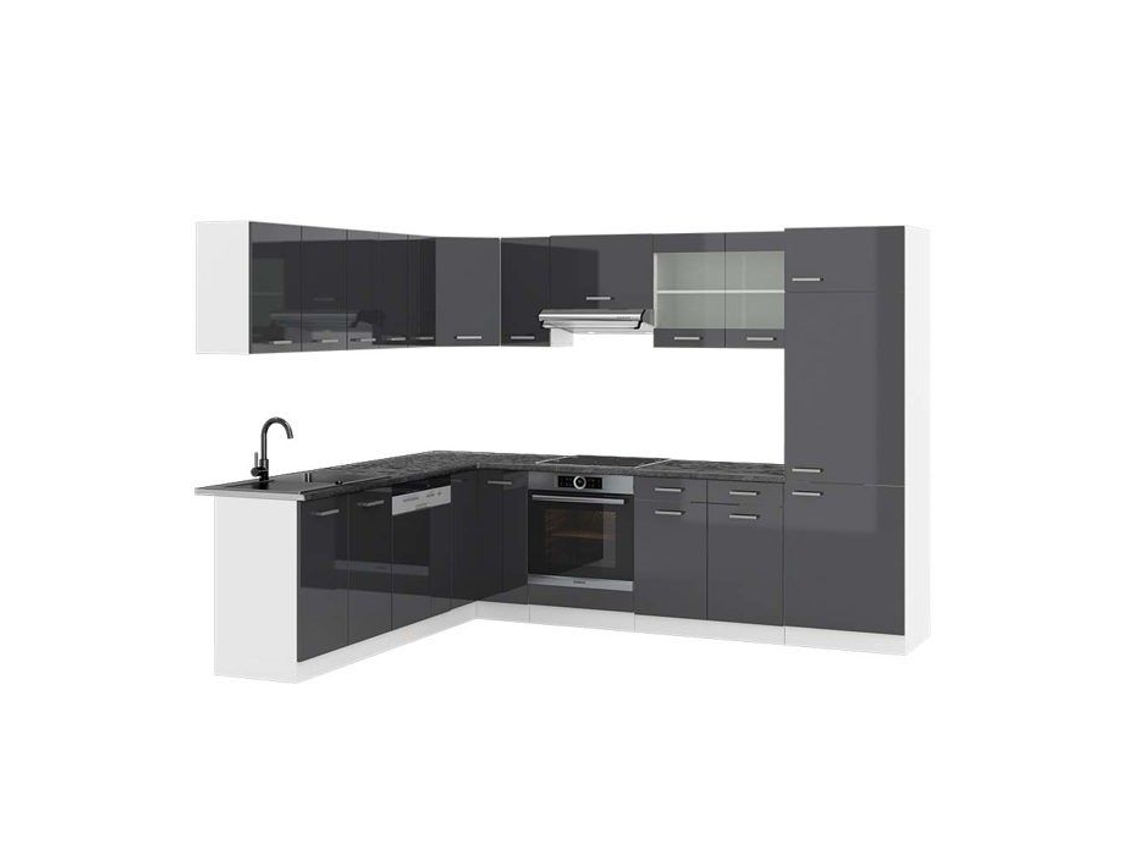 Cozinha de canto R-Line, 227 x 287 cm, PT Antracite, Antracite brilhante/branco, Vicco
