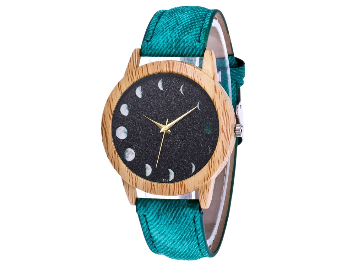 Reloj De Pulsera De Cuarzo Unisex Zhoulianfa Con Correa De Denim Y Patrón Lunar Verde