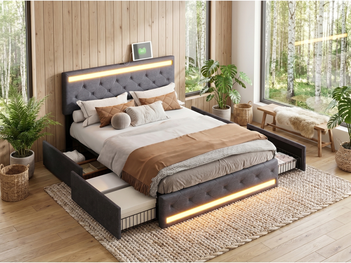 Cama Estofada 160x200 Cm com Luzes Led e Usb, com 4 Gavetas, Estrutura Moderna em Tecido de Linho, Cinzento RESETIZE