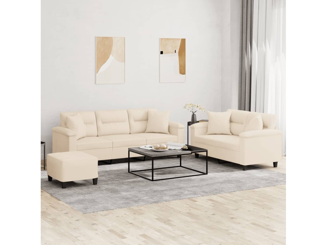 Vidaxl 3 Pcs Conjunto Sofás C/ Almofadas Tecido De Microfibra Bege