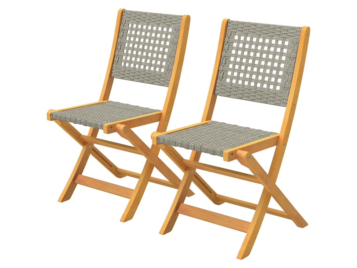 Conjunto de 2 Cadeiras de Jardim ORBITRA COMMERCE dobráveis em rattan PE e madeira de acácia, suporta até 160 kg, cinza