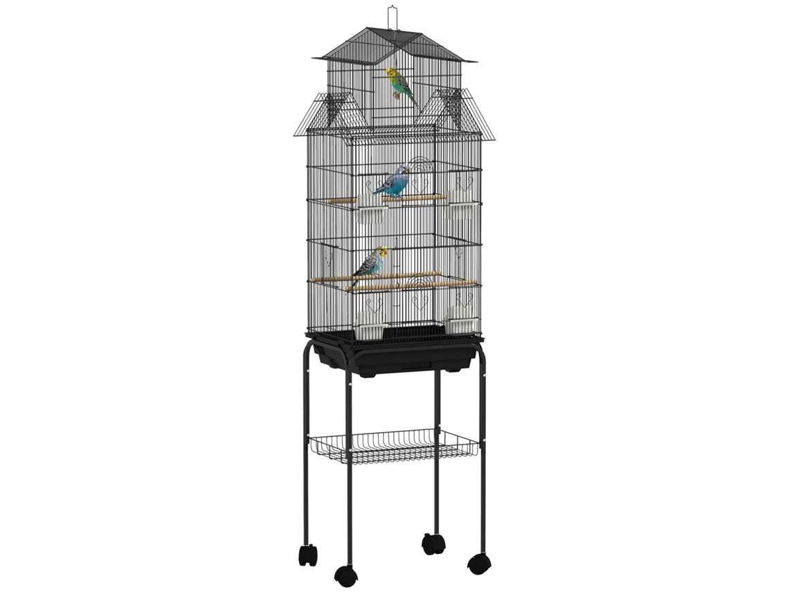 Gaiola metálica para pássaros com bandeja removível, rodas, 4 comedouros, 3 poleiros, 1 baloiço 50,5x41x163cm PRETO | S/MARCA