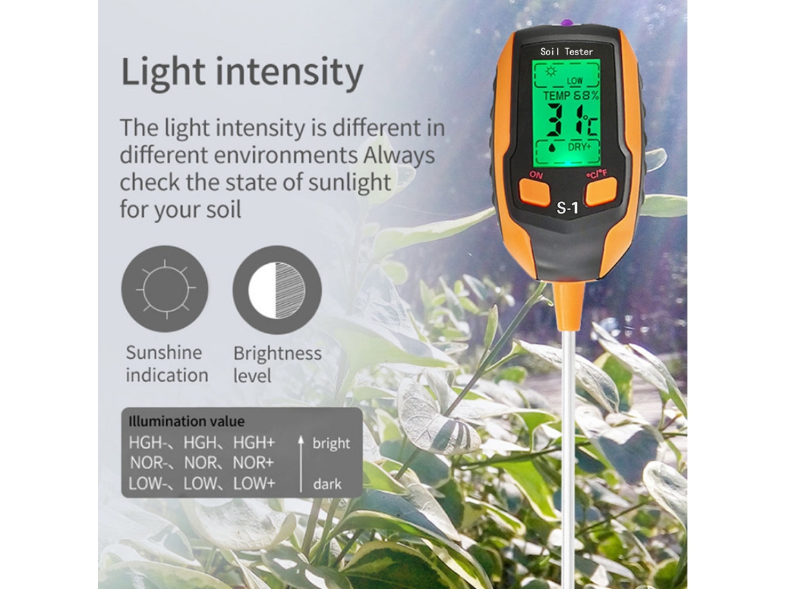 Testador de solo 4 em 1 medidor de umidade pH temperatura luz solar para jardins | S/MARCA