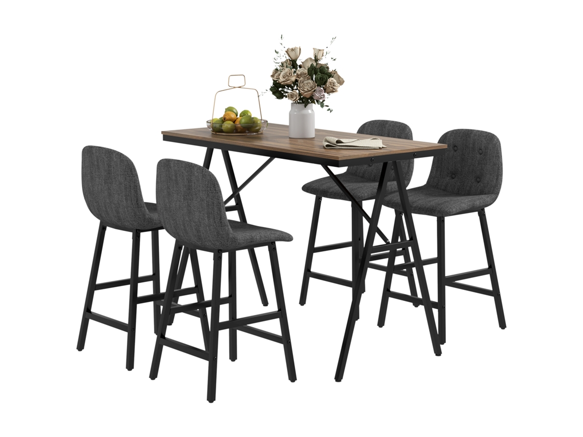 Conjunto de Bar MYMHRU com Mesa e 4 Cadeiras Estofadas em Tecido Grosso Cinza Escuro