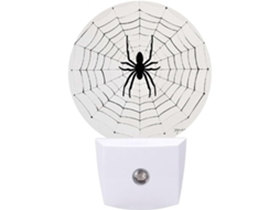 Luminária de parede noturna com plugue, Preta LED com estampa de Teia Aranha e sensor, luz branca.