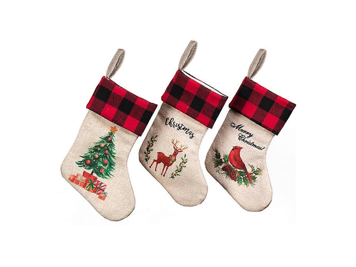 3 Meias De Natal Xadrez, Decoração De Pelúcia De Alce, Saco De Doces Para Pendurar Na Árvore Ou Lareira. Loja Olysi