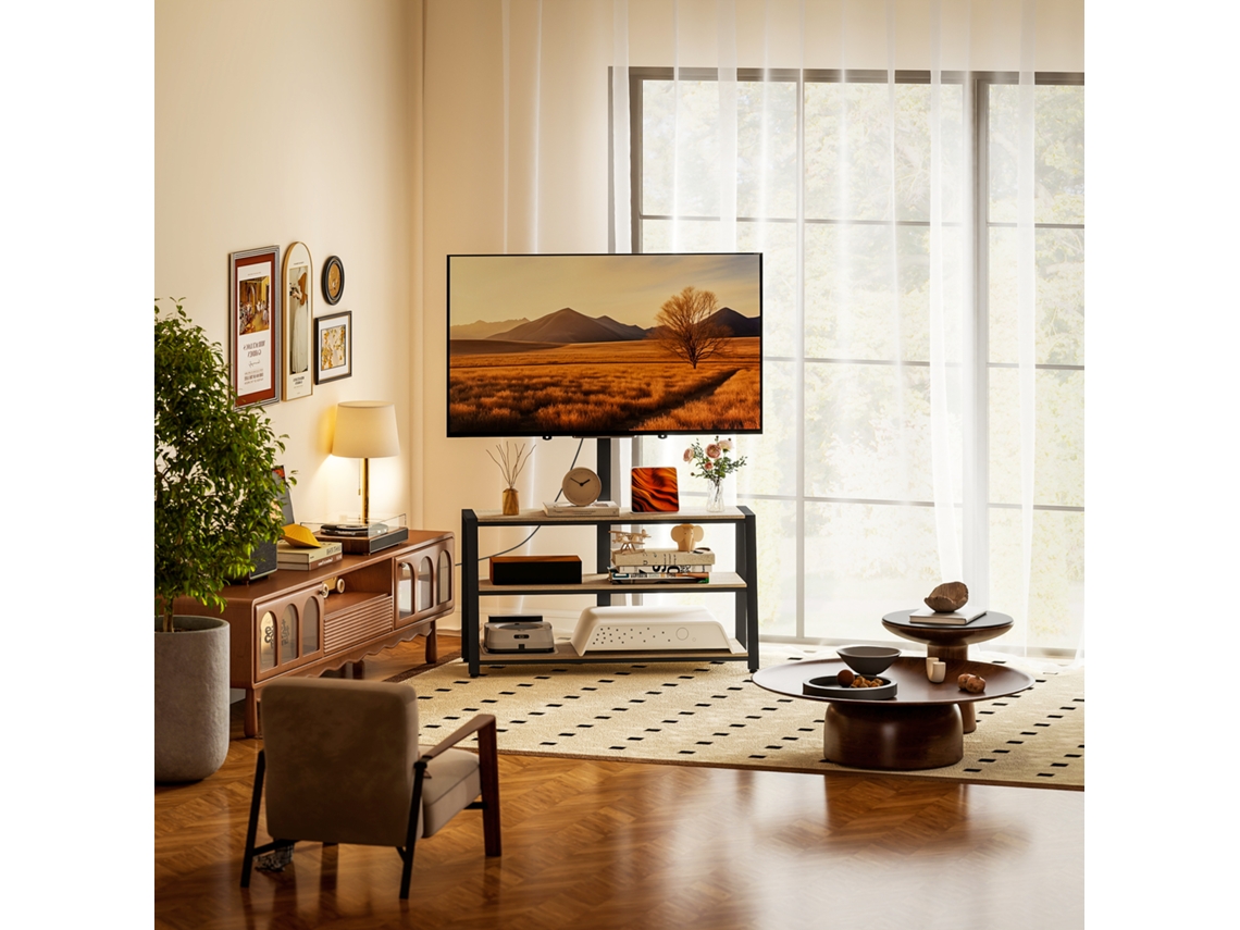 Móvel Para Tv Com Suporte P/ Televisores De 32-70 Polegadas, Prateleiras Abertas, Ângulo Ajustável 35°, 108x41x135cm, Efeito Madeira Natural