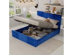 Cama Casal Veludo Azul 160x200cm, Cabeceira Estofada, Armazenamento. -op