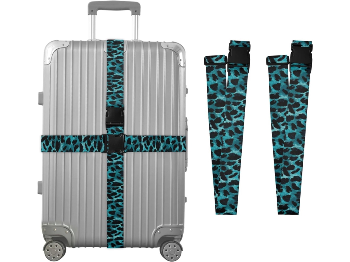 Conjunto De 2 Cintas Bagagem Personalizáveis Com Fivelas Para Malas, Estampa De Leopardo Preta E Azul Turquesa