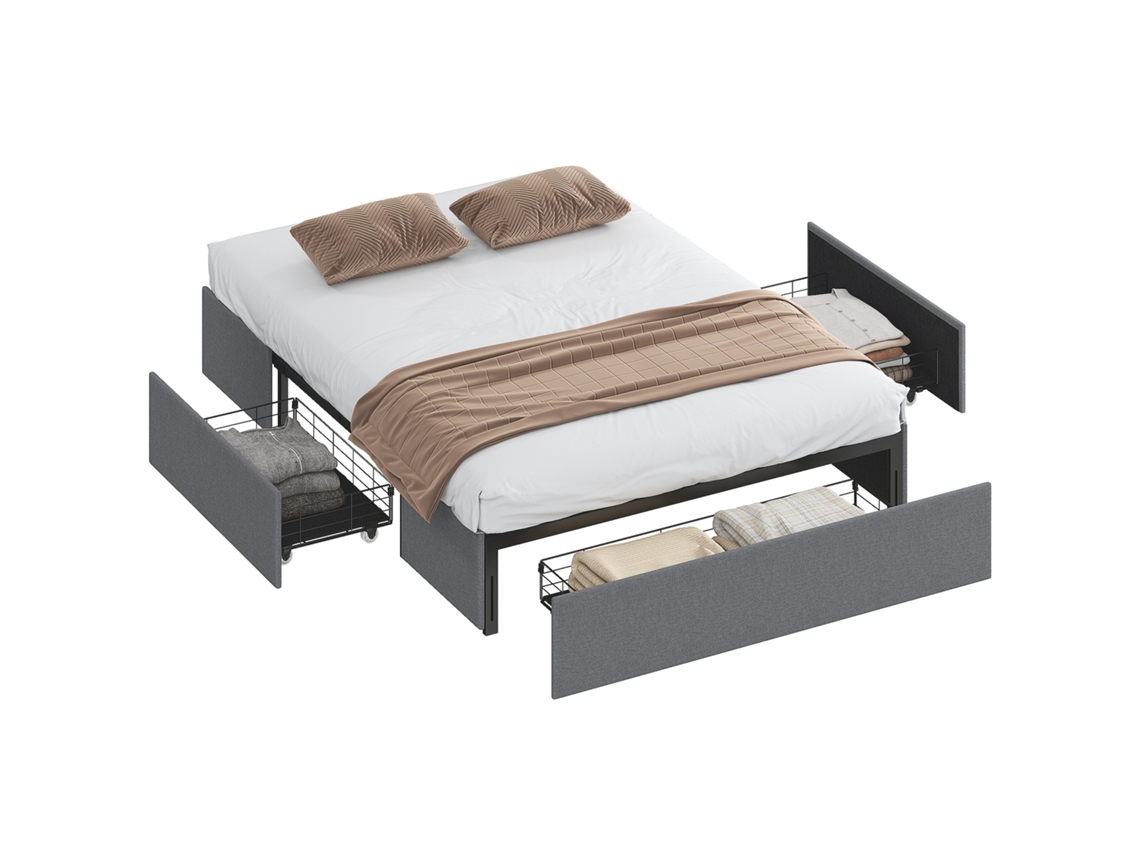 Cama de Casal Estofada Cinza (3 Gavetas, Baixo, Sem Ruído, 140x190 Cm)