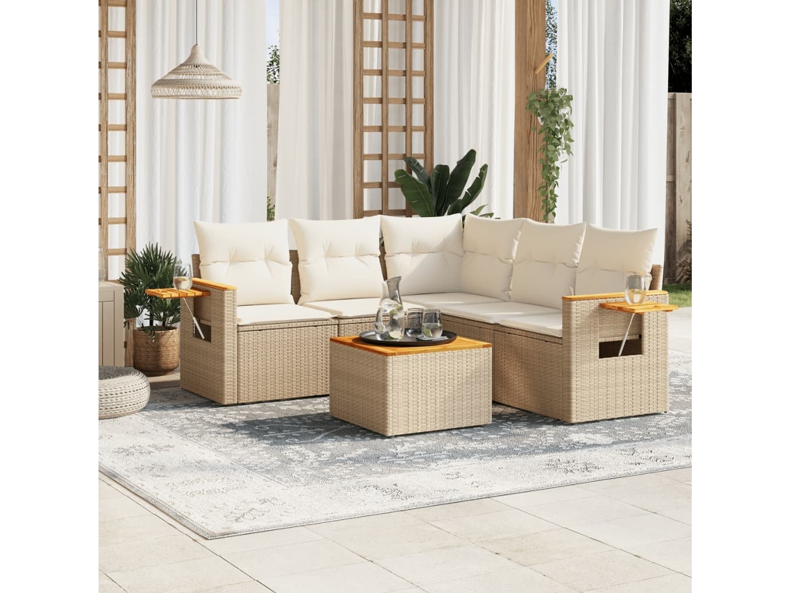 Conjunto de 6 Sofás para Jardim com Almofadas Vime Pe Bege Dkd Home Decor
