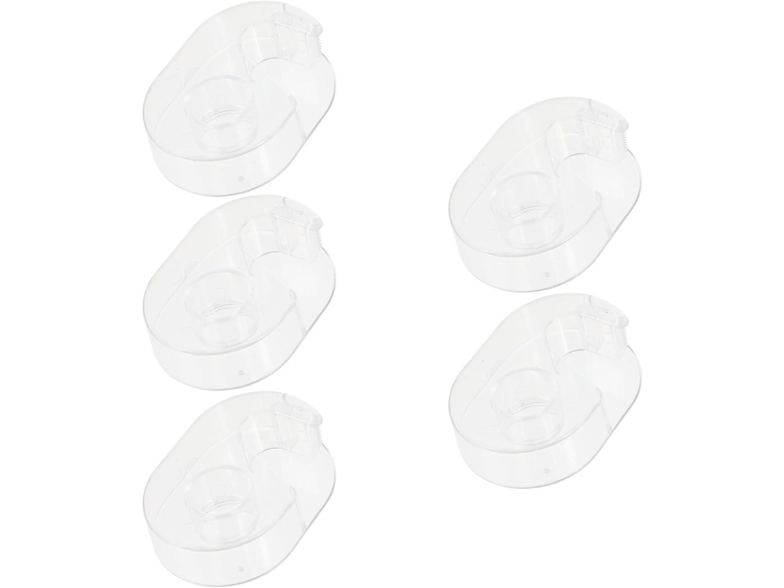 Conjunto de 5 suportes práticos de plástico para fita adesiva de 1,5 cm, com cortador seguro e bordas lisas para atividades manuais.