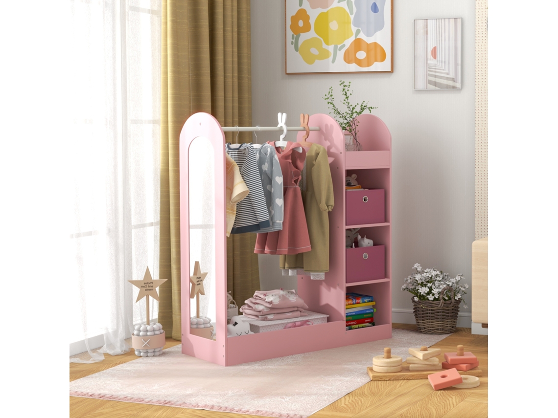 Cabideiro Infantil Com Prateleiras, Caixas E Espelho De Madeira, Rosa.