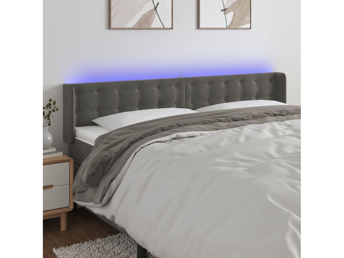 Vidaxl Cabeceira Cama C/ Luzes Led Veludo 203x16x78/88cm Cinza-escuro