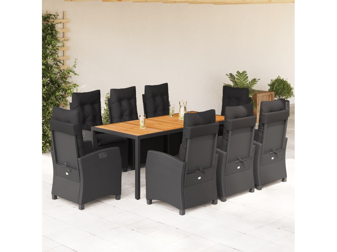 Vidaxl 9 Pcs Conjunto De Jantar P/ Jardim C/ Almofadões Vime Pe Preto
