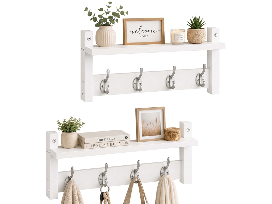Conjunto De Cabideiro De Parede Com Prateleira, Branco Mdf E Ferro, 2 Peças