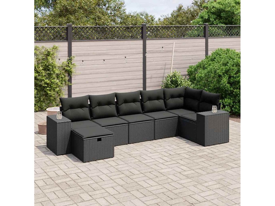 Vidaxl 7 Pcs Conjunto De Sofás P/ Jardim C/ Almofadões Vime Pe Preto