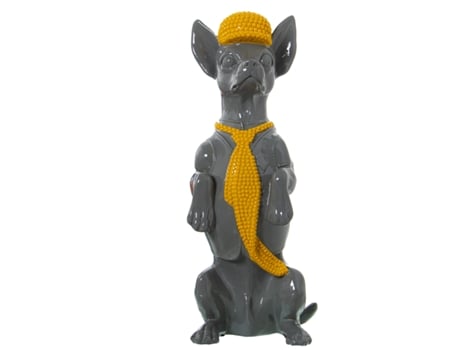 Figura de Cão com Auriculares em Resina Cinza/Amarelo