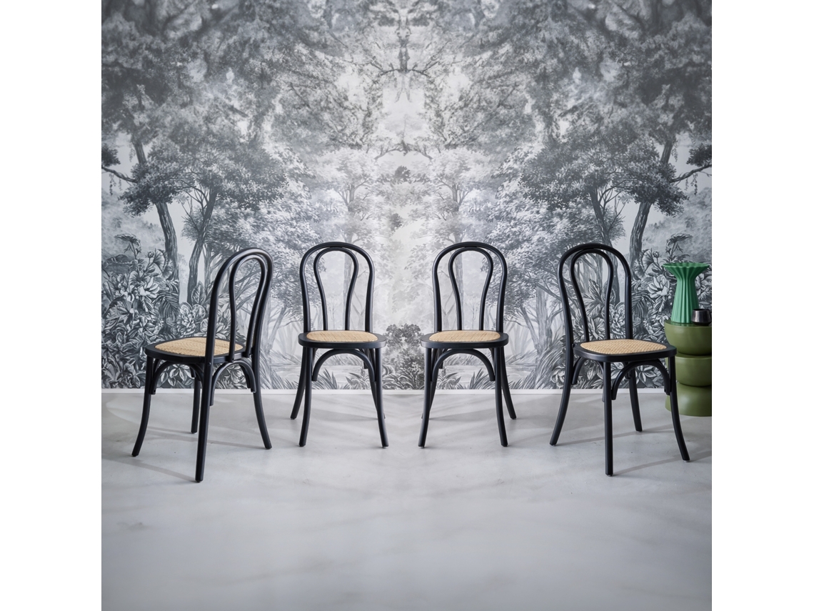 Cadeira Vintage Em Madeira E Revestida Em Rattan, Set De 4, Preto