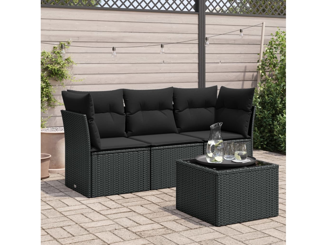 Vidaxl 4 Pcs Conjunto De Sofás Para Jardim C/ Almofadões Vime Pe Preto