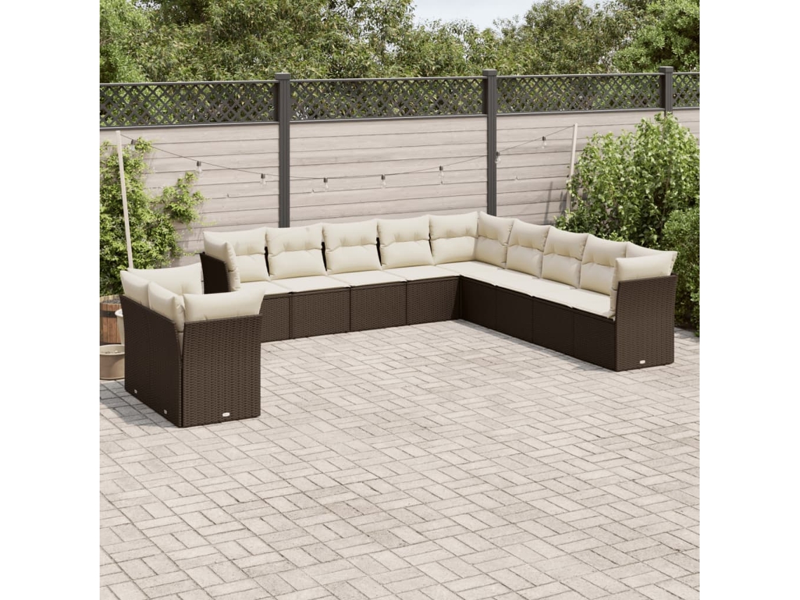 Vidaxl 11 Pcs Conjunto Sofás De Jardim C/ Almofadões Vime Pe Castanho