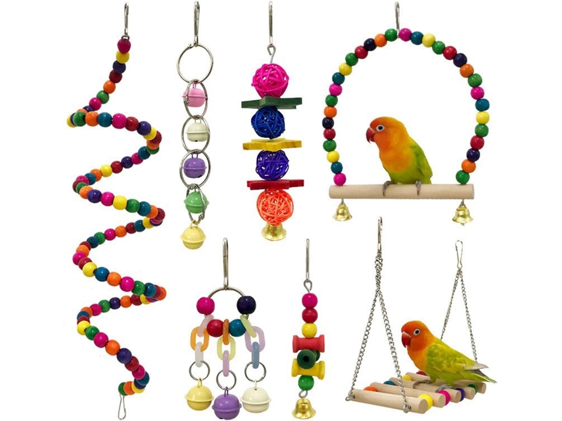 Conjunto de 7 brinquedos coloridos AQUAFORGE para papagaios, com balanços e poleiros