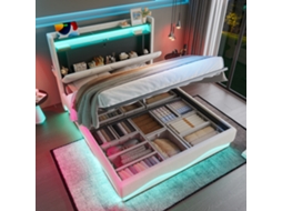 Cama Box 140x200cm Moderna Com Led, Prateleiras, Baú, Ripas Silenciosas, Usb E Bolsos Laterais
