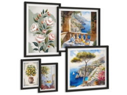 Composição De Quadros Na Parede Motivos De Plantas Em Bege E Marrom Moldura Preta Fotos Para O Escritório Espelharte (conjunto De 5 Imagens)