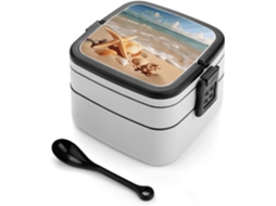 Marmita Bento Com Conchas E Estrelas Do Mar Na Praia Lancheira Fechada Para Adultos Colher, Resistente, Com Dupla Camada
