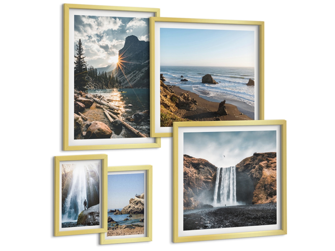 Composição De Quadros Na Parede Retrato Elegante, Champanhe, Relaxamento Moldura Dourada Fotos Para O Escritório Espelharte (conjunto De 5 Imagens)