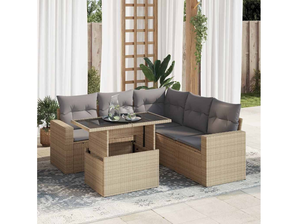 Vidaxl 6 Pcs Conjunto de Sofás P/ Jardim com Almofadões Vime Pe Bege