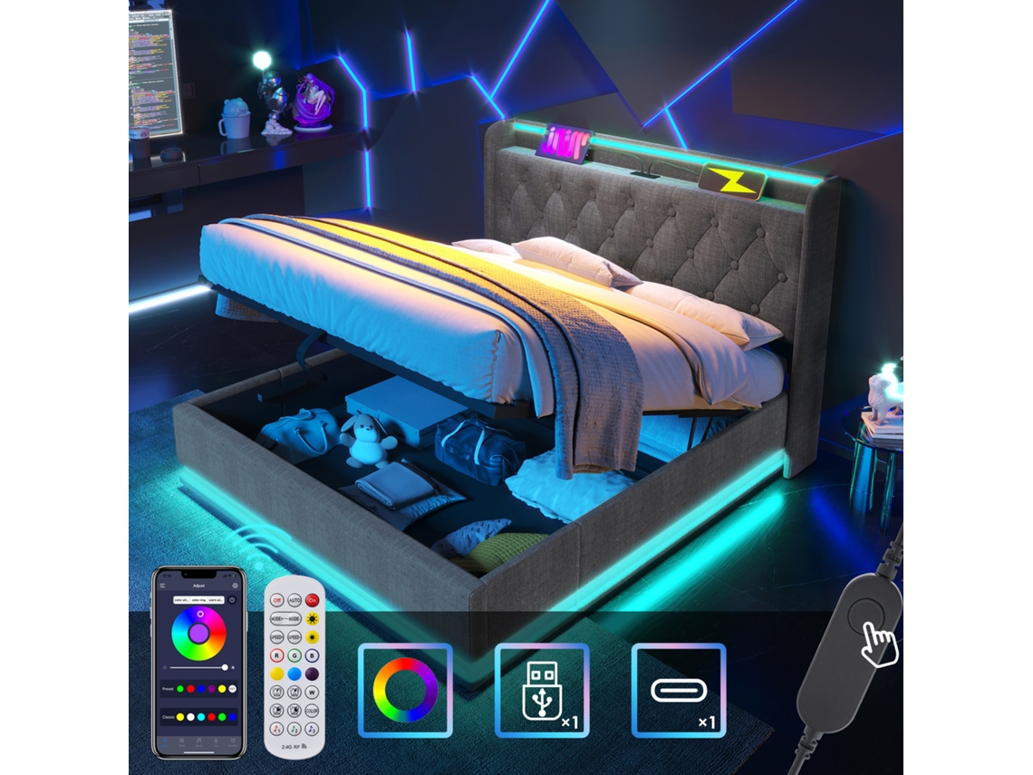 Cama De Box 140x200 Cm Cinza 360-led Hidráulica Usb-c Controle Remoto/app