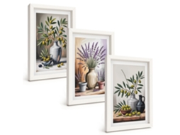 Composição De Quadros Na Parede Flores, Azeitonas Em Vasos, Fundo Moldura Branca Imagens Para Um Quarto Infantil Espelharte (3 Peças 20x30 Cm)