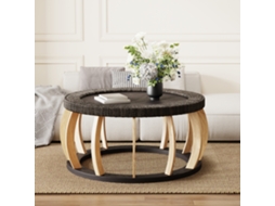 Mesa De Centro Redonda De 90 Cm - Rattan E Madeira Maciça, Pernas Curvas Em Estilo Boho - Preto E Marrom