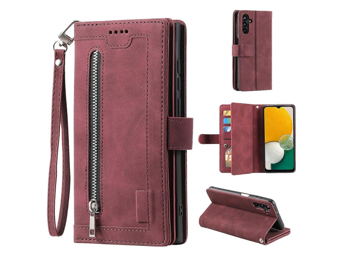 Capa Para Samsung Galaxy A26 5g Em Couro Pu Com Zíper, Carteira Com 9 Compartimentos Para Cartão, Cor Vinho Bordô