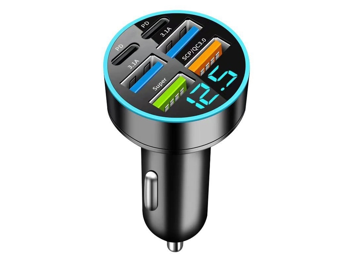 Carregador Carro 6 Portas 120w 4usb+2pd, Ecrã Digital Tensão, Qc3.0 Scp, Luz Led, Entrada Dc12 24v Certificado Ce STELASPLEN