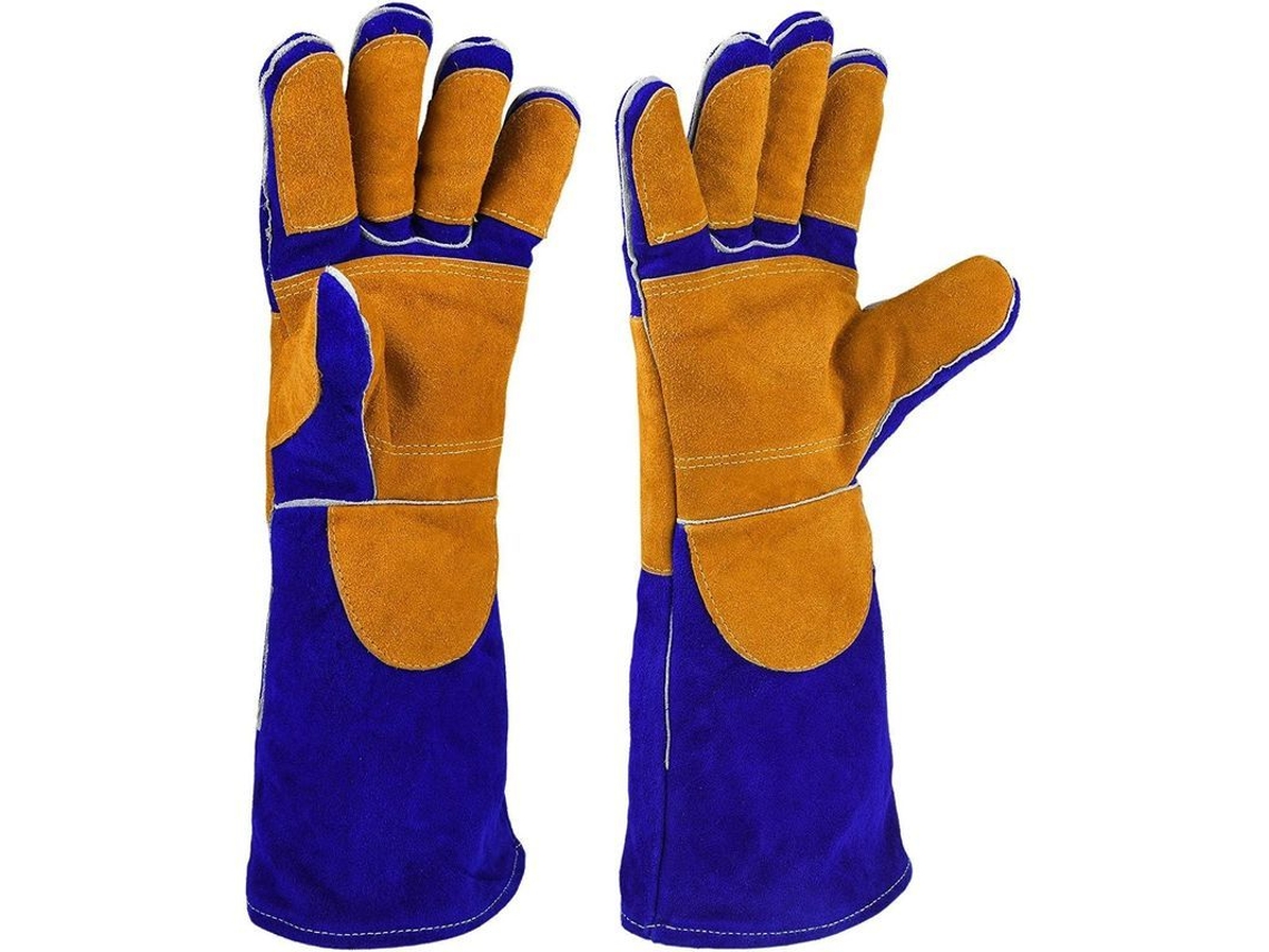 Luvas De Solda De Couro 2025 16 Polegadas Resistentes Ao Calor Até 400℃ Manga Longa Azul E Amarela Para Churrasco E Trabalho