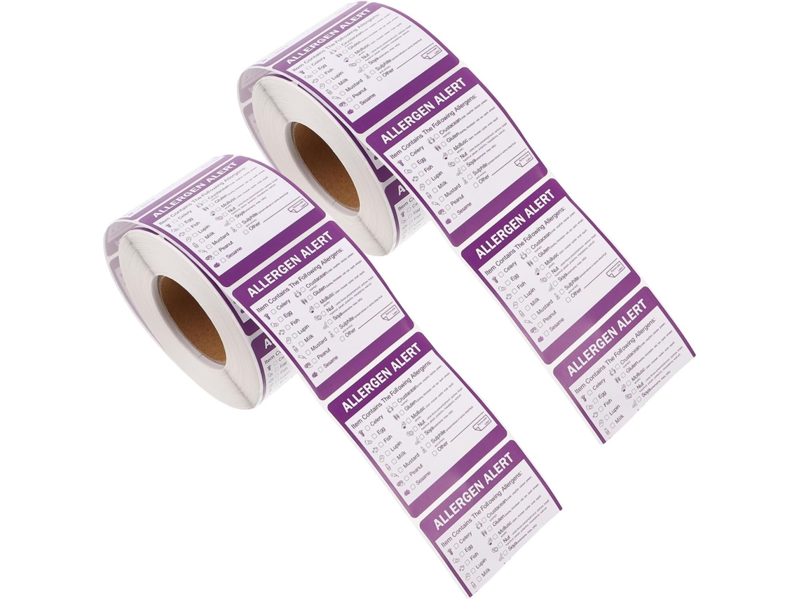 Etiquetas Autoadesivas para Alérgenos Alimentares Amosfun, Papel Revestido Roxo, 2 Rolos, Gerenciamento Seguro