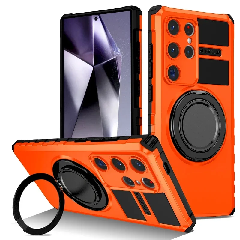 (laranja, Galaxy S23) Capa Protetora Elegante E Resistente A Impactos Para Samsung, Com Suporte Giratório Para Carregamento Magnético.