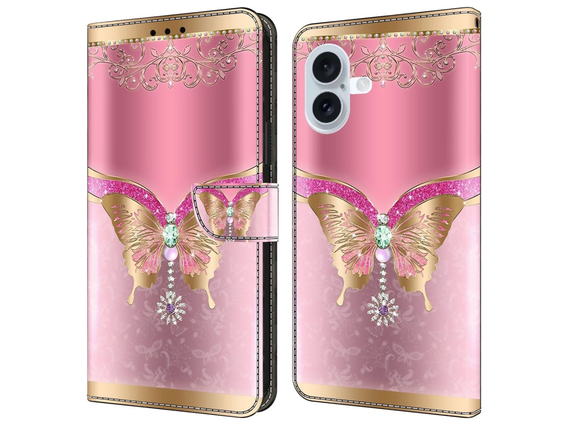 Capa Em Couro Pu Com Suporte Para Apple Iphone 16 Plus - Borboleta Rosa/dourada