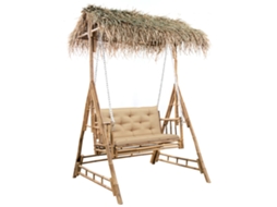 vidaXL Banco baloiço 2 lug. bambu c/ folhas palmeira e almofadão 202cm