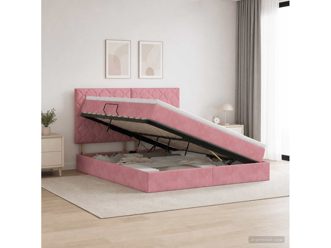 Vidaxl Cama Com Arrumação E Colchão Rosa 180 X 200 Cm Veludo