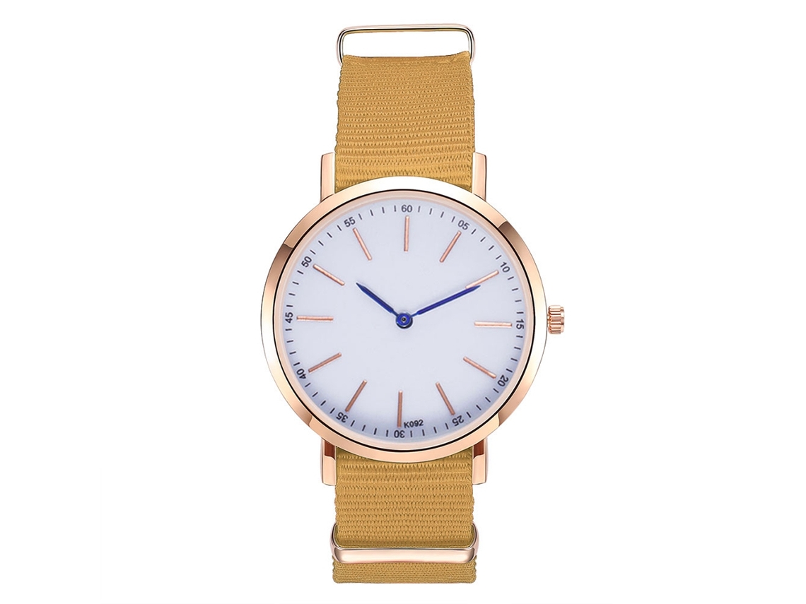 Relógio de quartzo casual para homens e mulheres com pulseira de nylon amarela.