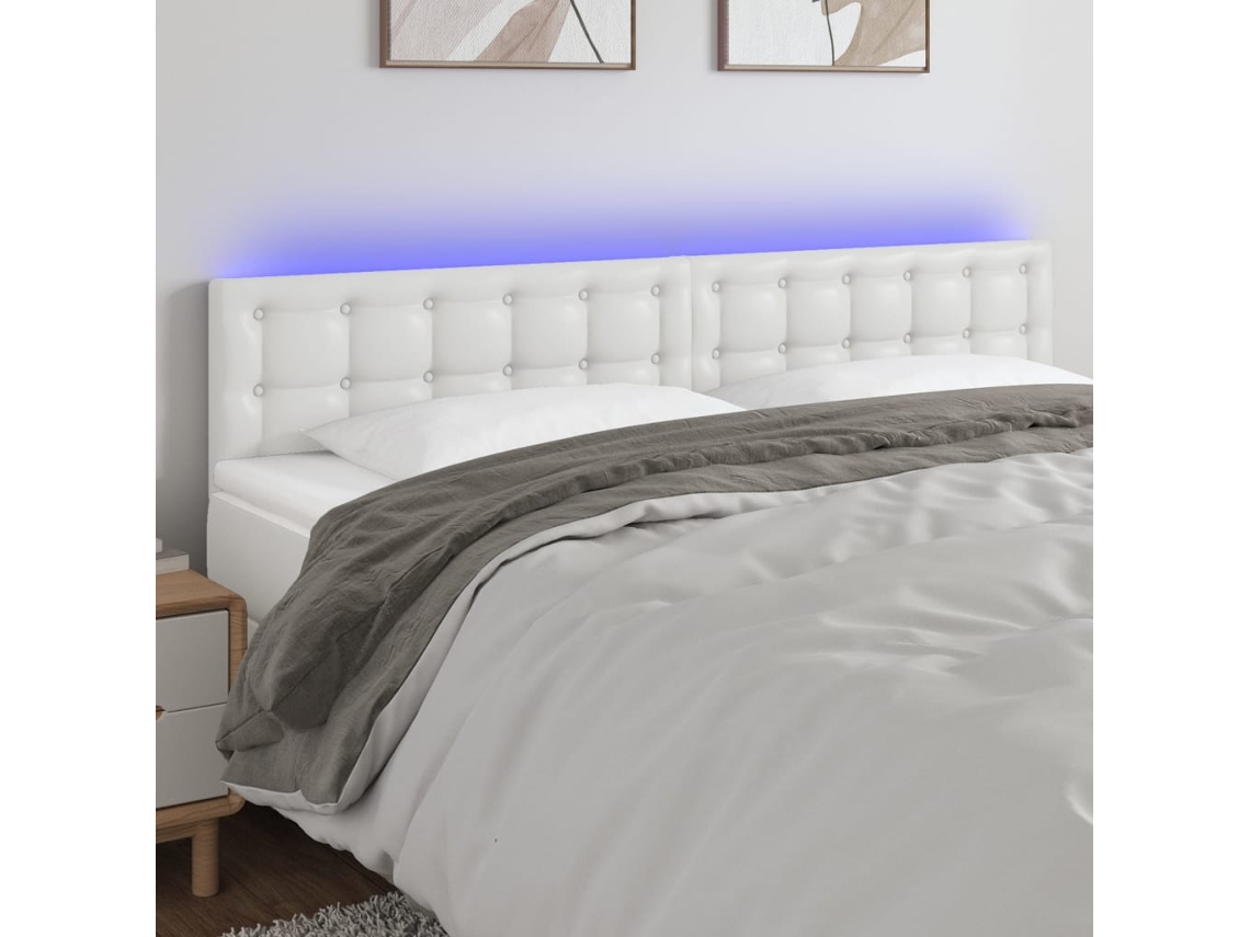 Vidaxl Cabeceira De Cama C/ Led Couro Artificial 200x5x78/88 Cm Branco