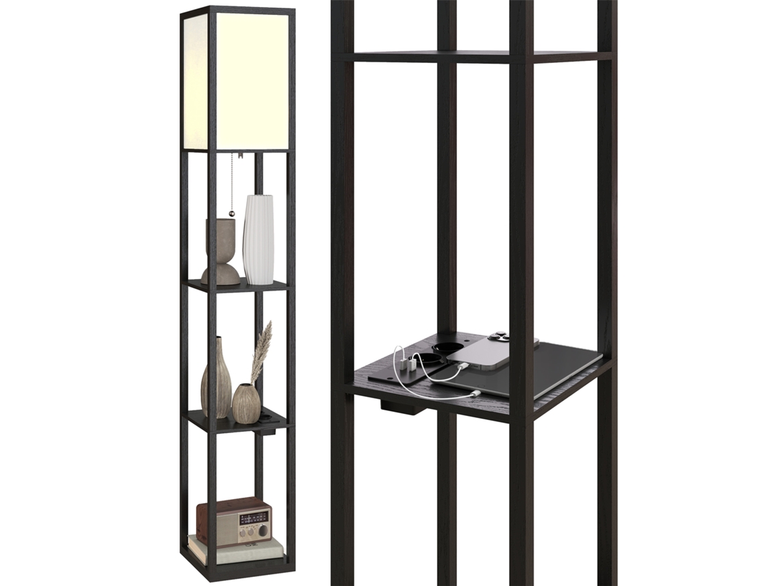 Abajur de Piso com Prateleiras, Luz Ajustável, Pedal e Porta USB Preto S/MARCA