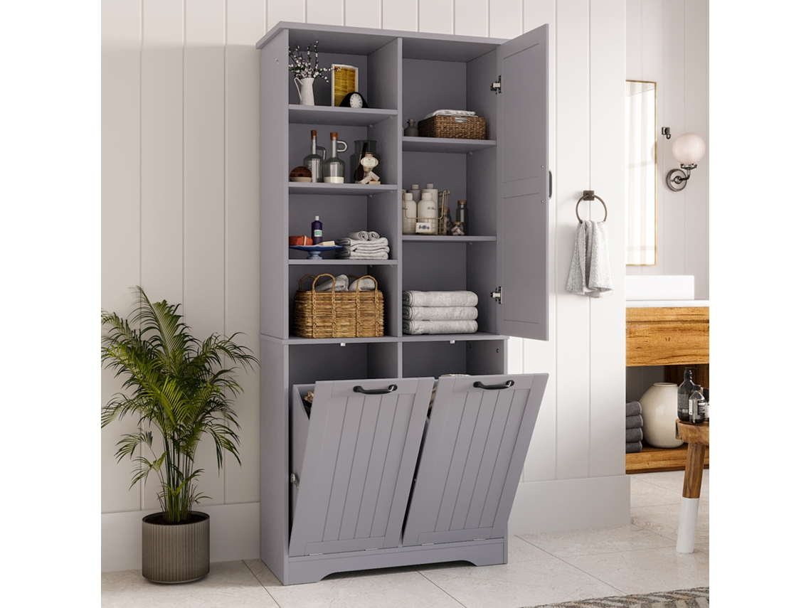 Móvel Casa De Banho 78x35x172cm Resistente À Humidade, Com Cesto Roupa Suja De Camada Dupla