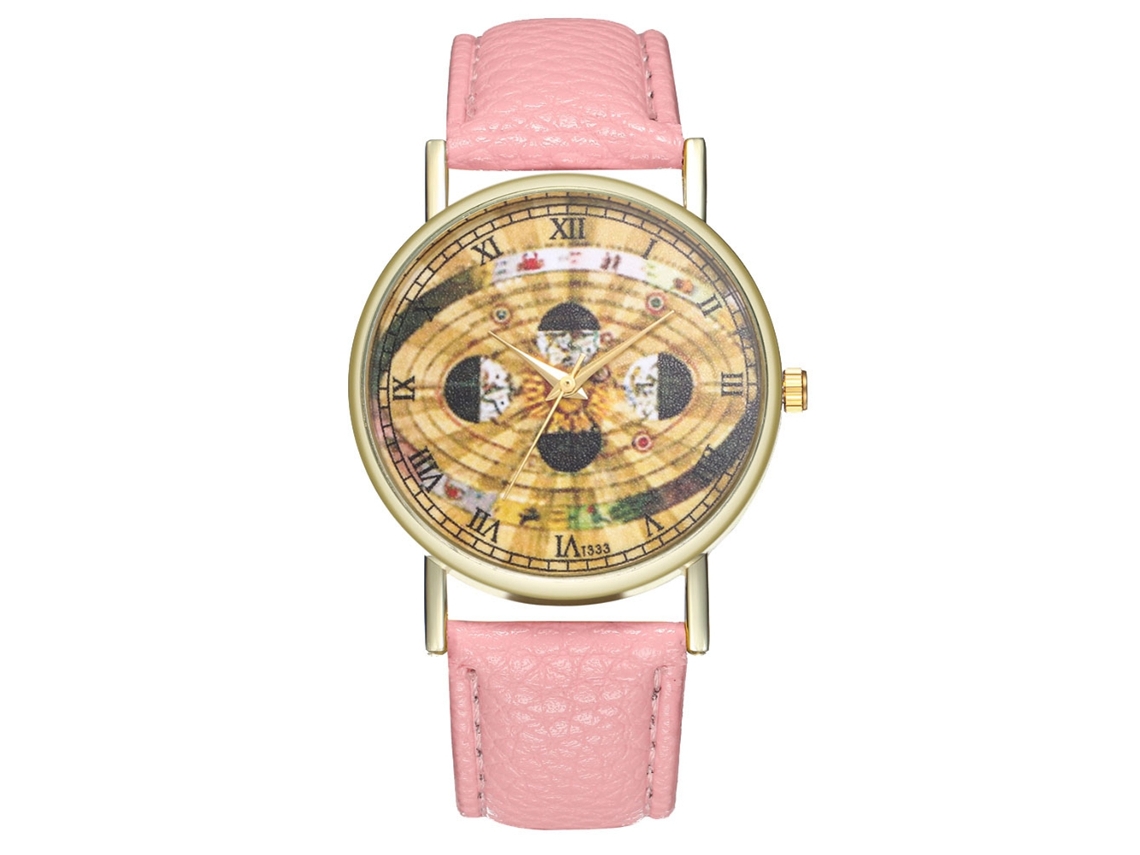 Relógio de pulso de quartzo com pulseira de PU e mostrador redondo com padrão espacial para mulheres e homens (rosa)
