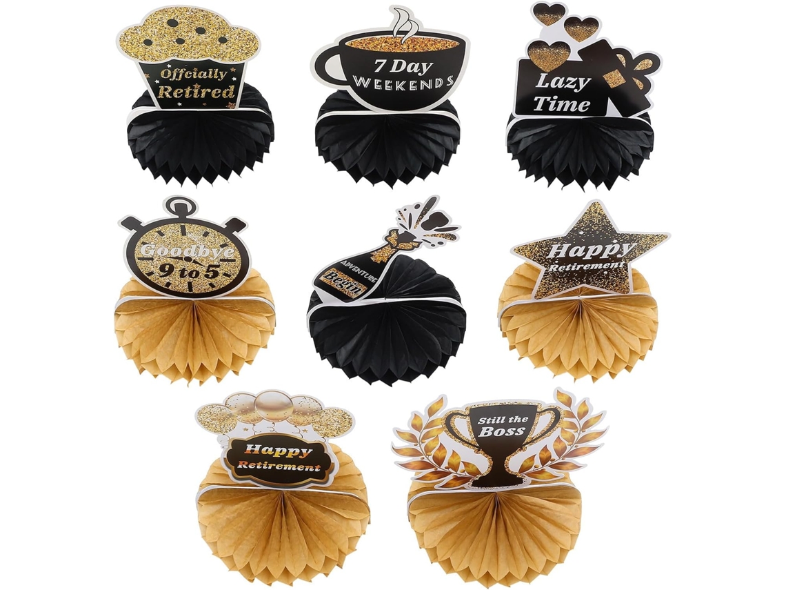 Decorações Papel Preto Dourado Festa Aposentadoria 8 Peças Fáceis Montar Festas Ambientes Internos GOKOCO