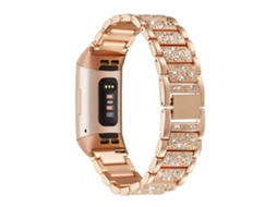 Bracelete de Aço Inoxidável Corrente de Strass para Fitbit Charge 3/4 Ouro Rosa