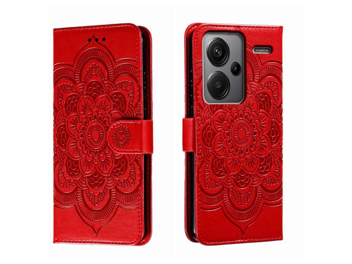 Capa De Couro Para Celular Xiaomi Redmi Note 13 Pro+ Com Estampa De Mandala Solar Em Relevo
